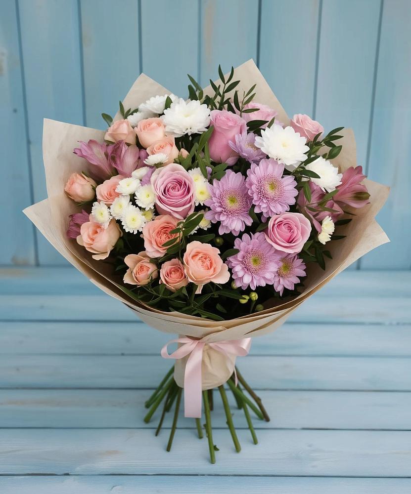 Букет цветов из: Хризантемы, Розы и Альстромерии в Пластуновской