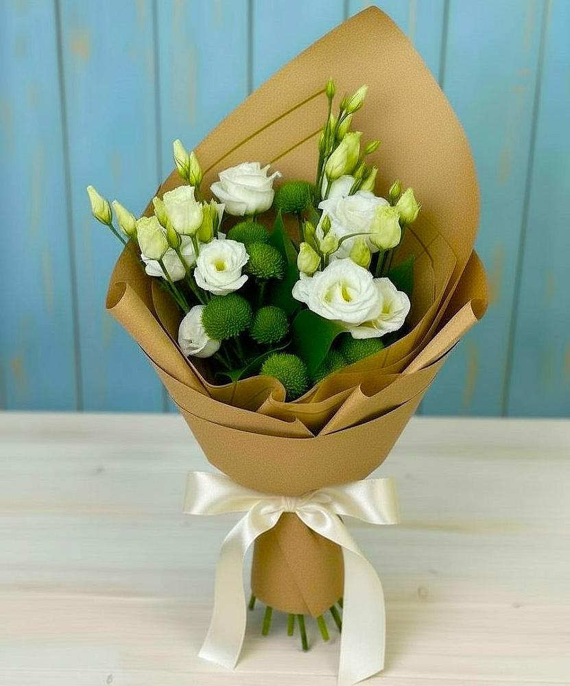 Букет цветов из: Хризантемы и Лизиантусы в Пластуновской