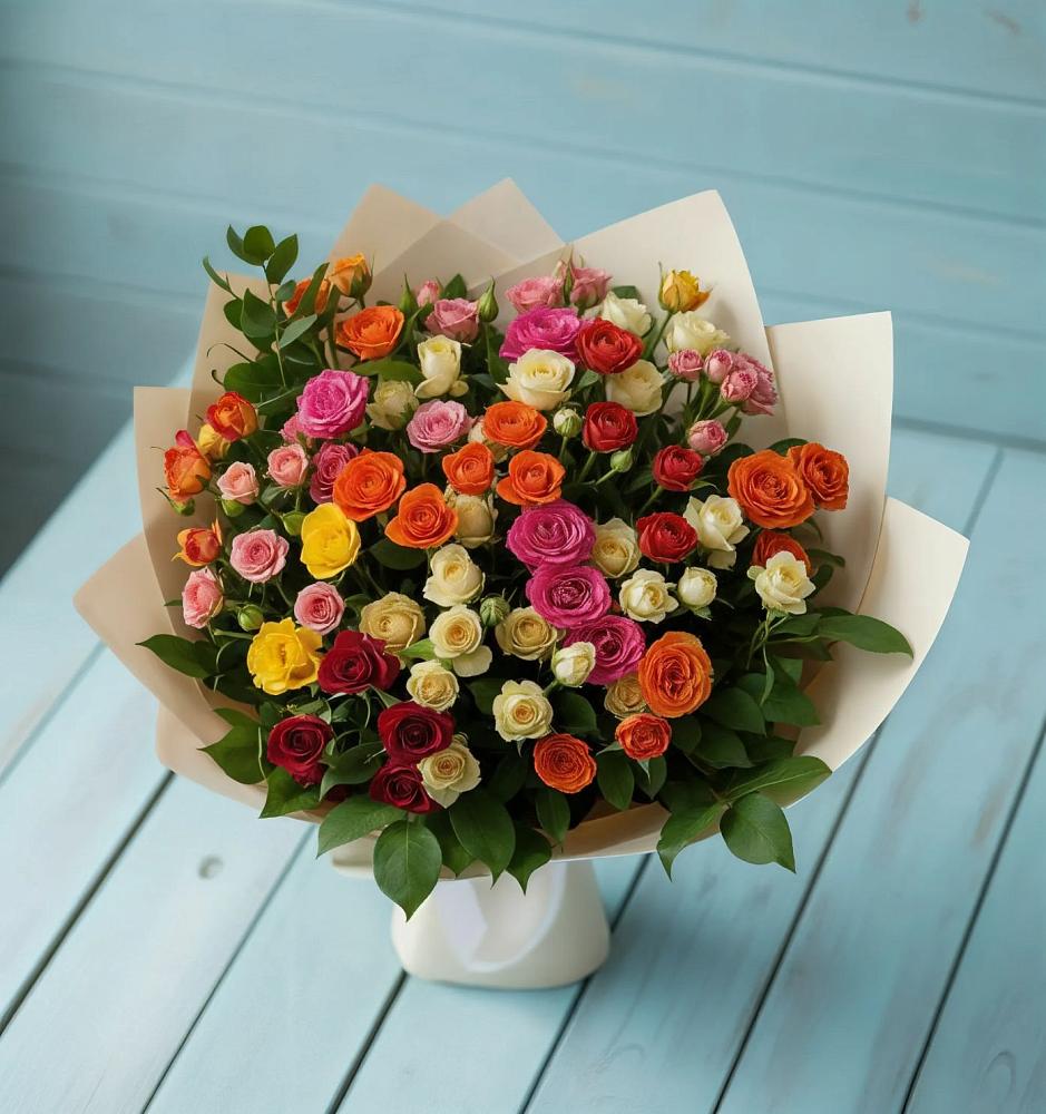 Букет Микс из разноцветных кустовых роз в Пластуновской