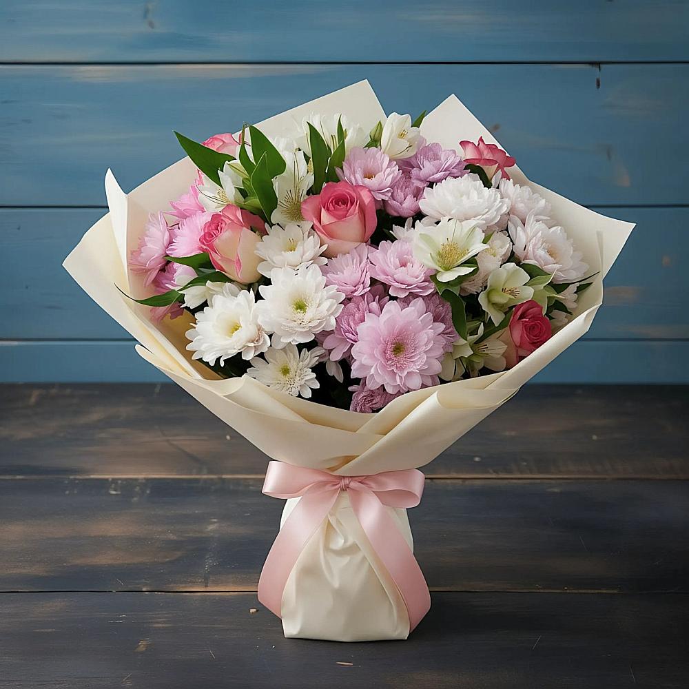 Букет цветов из: Хризантемы, Альстромерии и Розы в Пластуновской